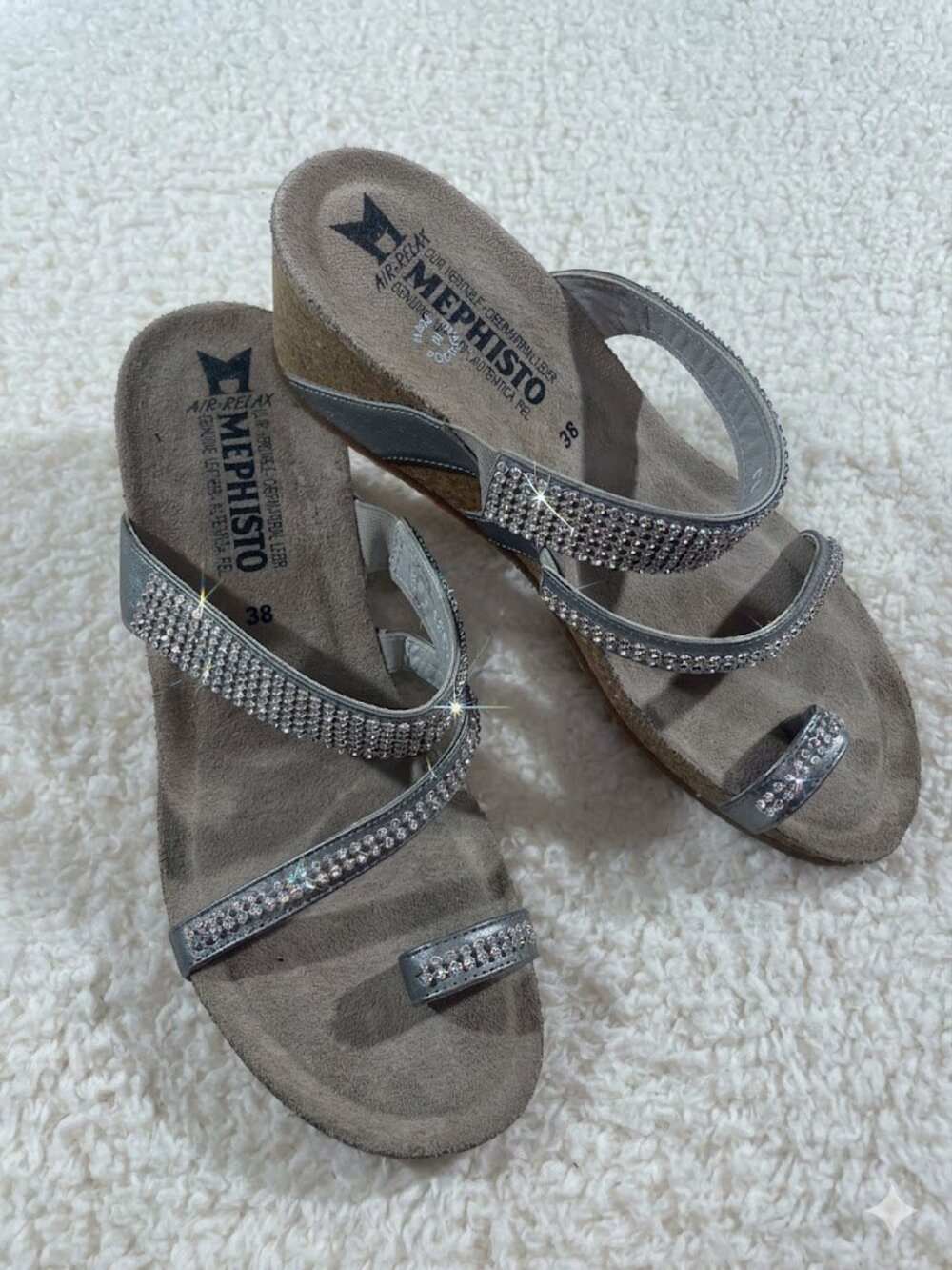 Mephisto Milly Black Leather Rhinestone Wedge Sandals 38
